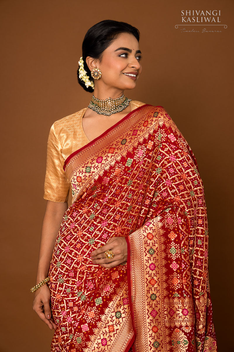 Maroon Banarasi Georgette Bandhani Saree