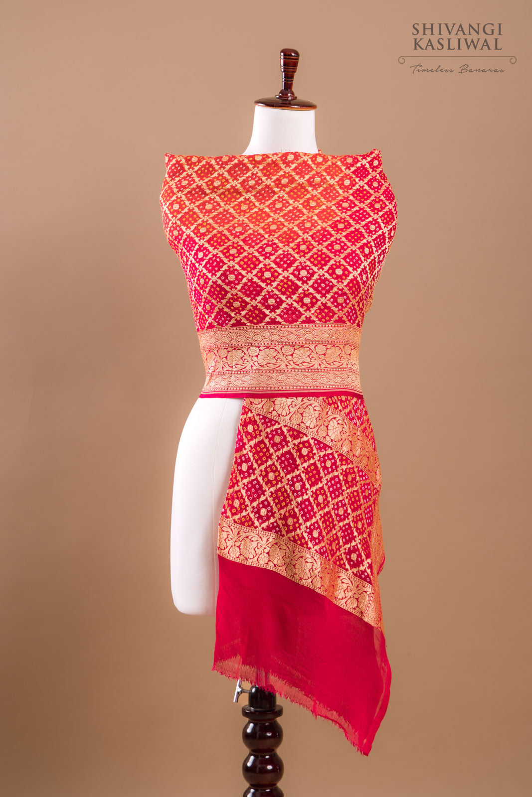 Orange Pink Handwoven Banarasi Georgette Bandhani Dupatta