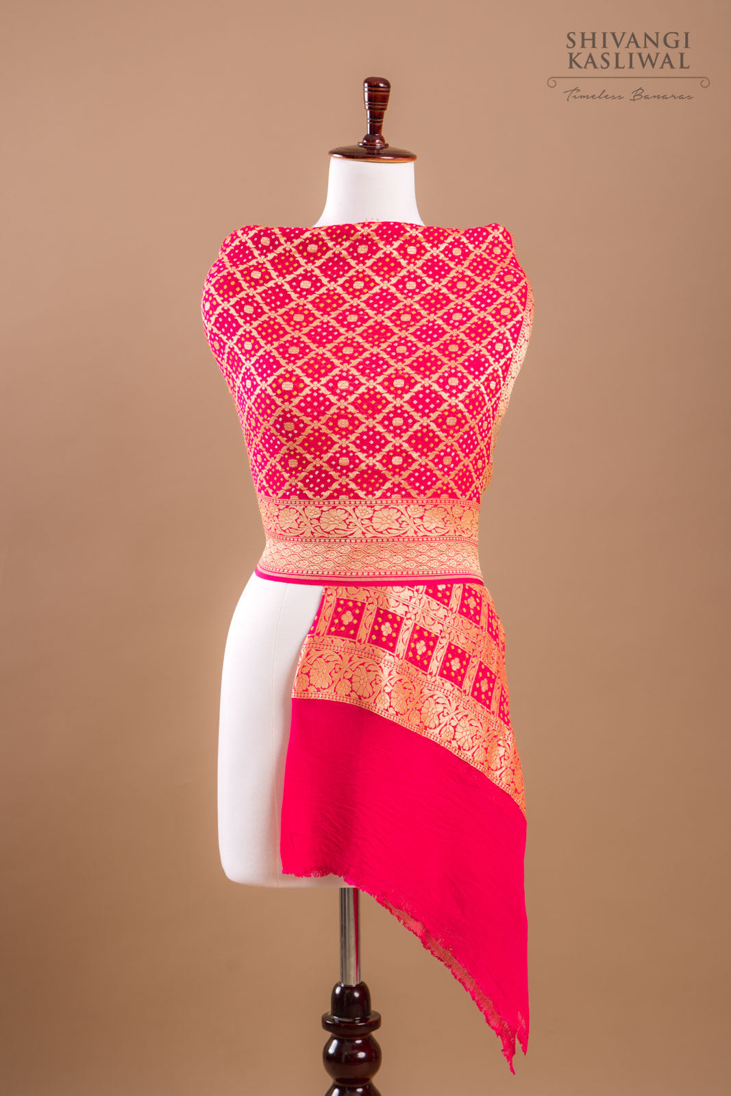 Pink Handwoven Banarasi Georgette Bandhani Dupatta