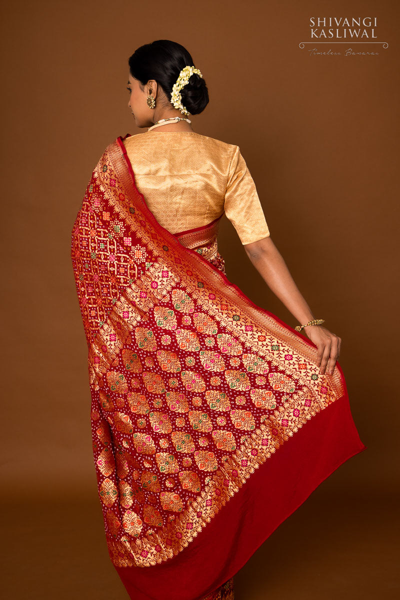 Maroon Banarasi Georgette Bandhani Saree