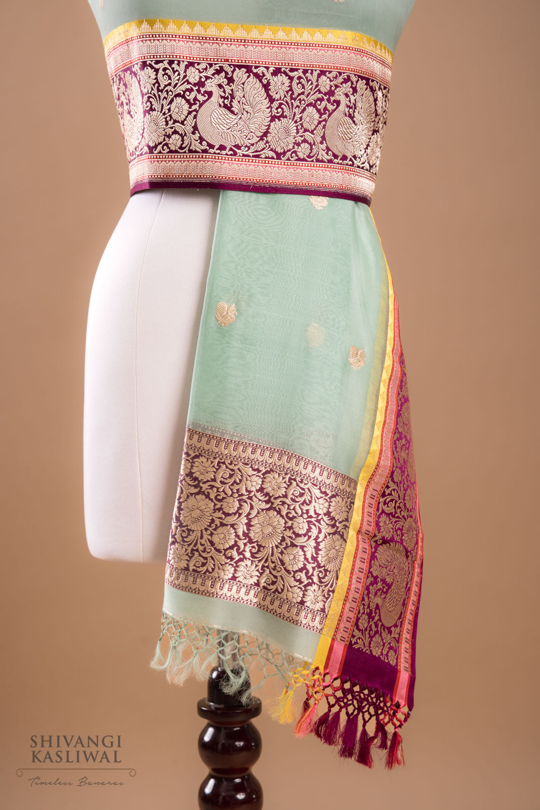 Mint Blue Handwoven Banarasi Kadhua Organza Silk Dupatta