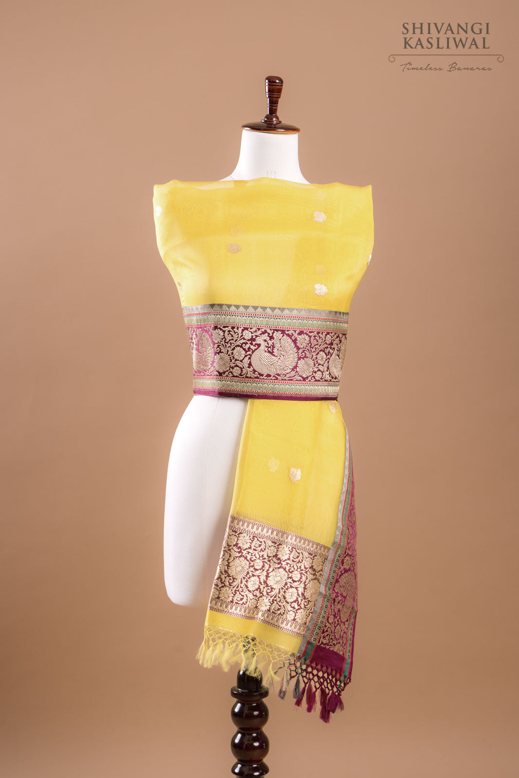 Yellow Handwoven Banarasi Kadhua Organza Silk Dupatta
