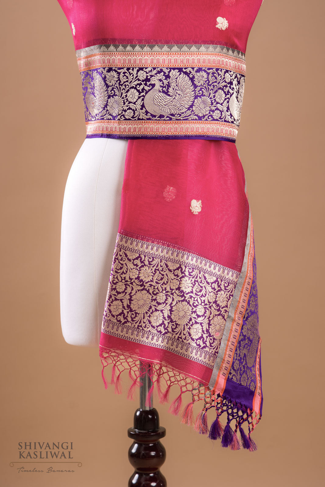 Fuchsia Pink Handwoven Banarasi Kadhua Organza Silk Dupatta