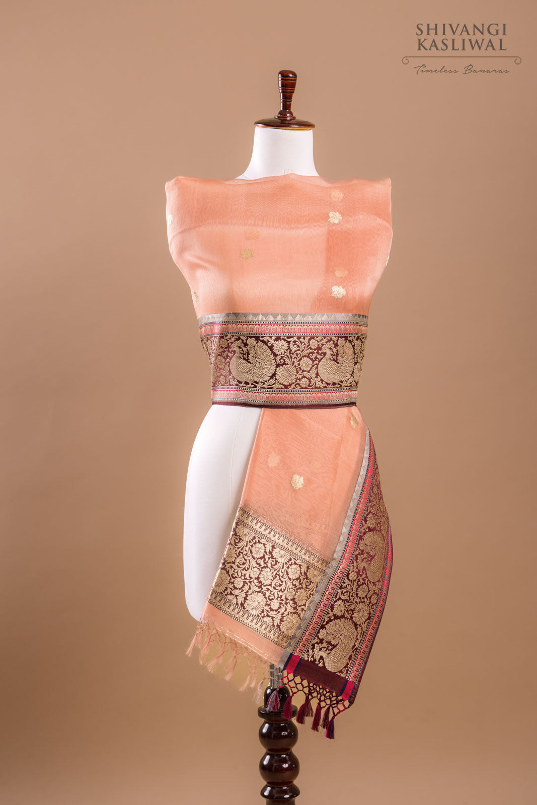 Peach Handwoven Banarasi Kadhua Organza Silk Dupatta