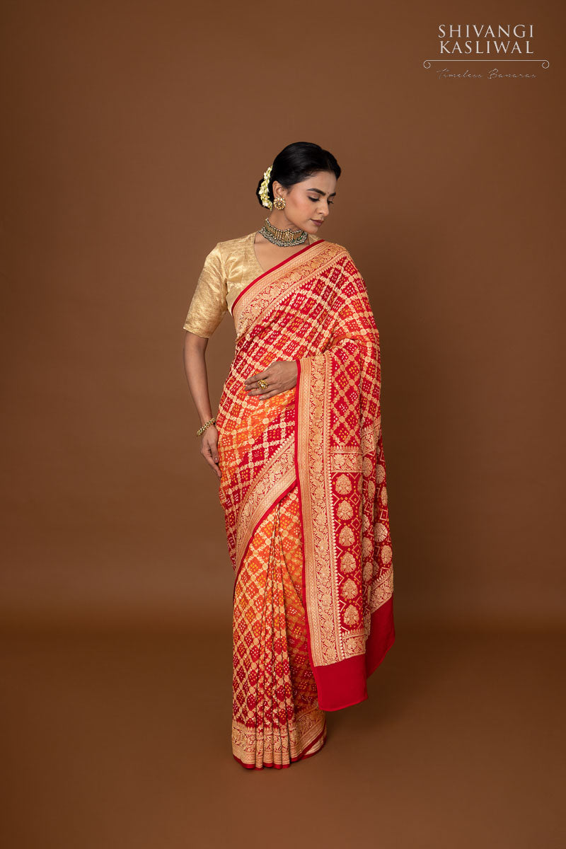 Red Orange Banarasi Georgette Bandhani Saree
