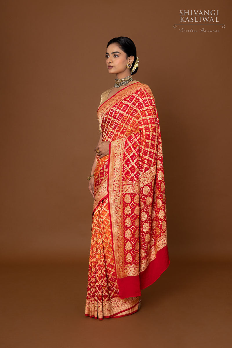 Red Orange Banarasi Georgette Bandhani Saree