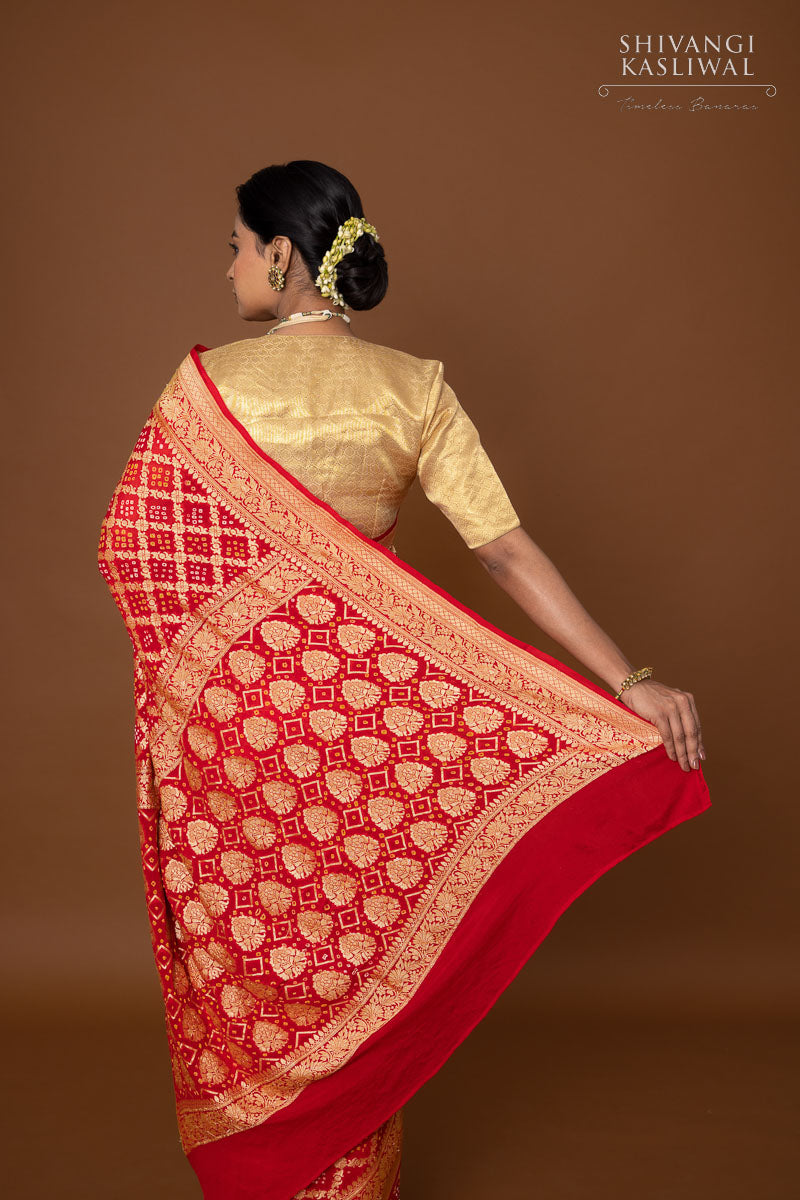 Red Orange Banarasi Georgette Bandhani Saree
