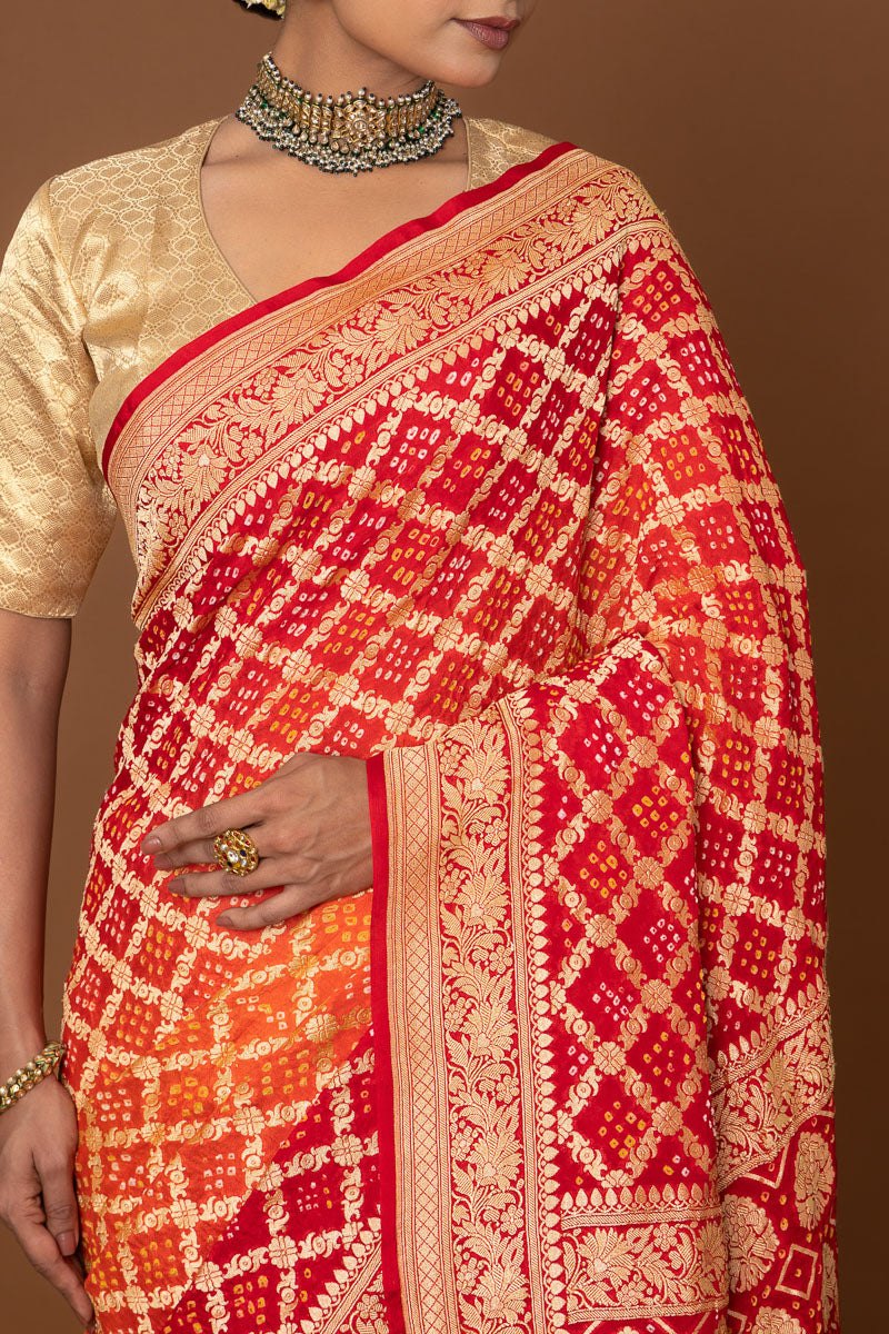 Red Orange Banarasi Georgette Bandhani Saree