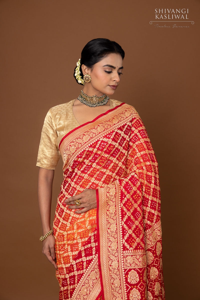 Red Orange Banarasi Georgette Bandhani Saree