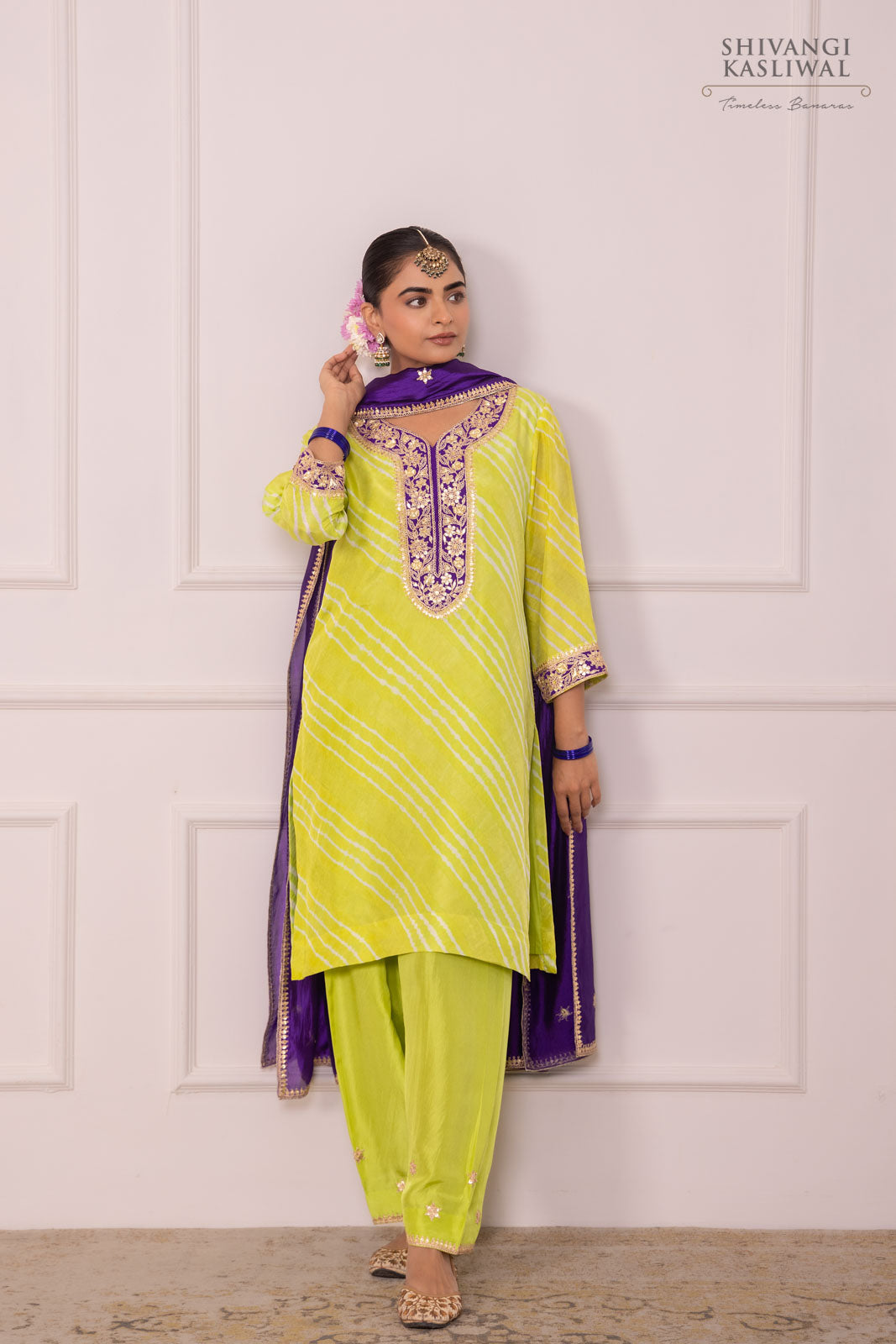 Green Leheriya Habutai Silk Kurta Set