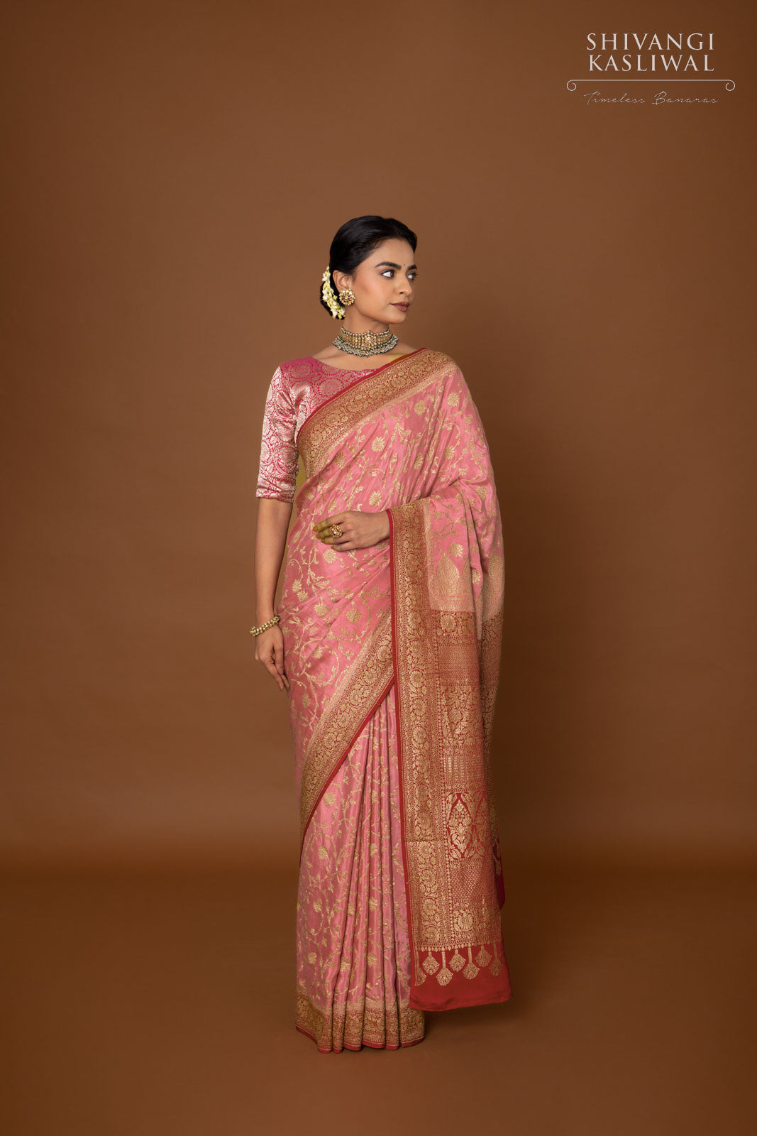Onion Pink Handwoven Banarasi Crepe Silk Saree