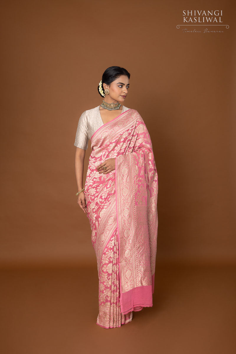 Pink Handwoven Banarasi Georgette Saree