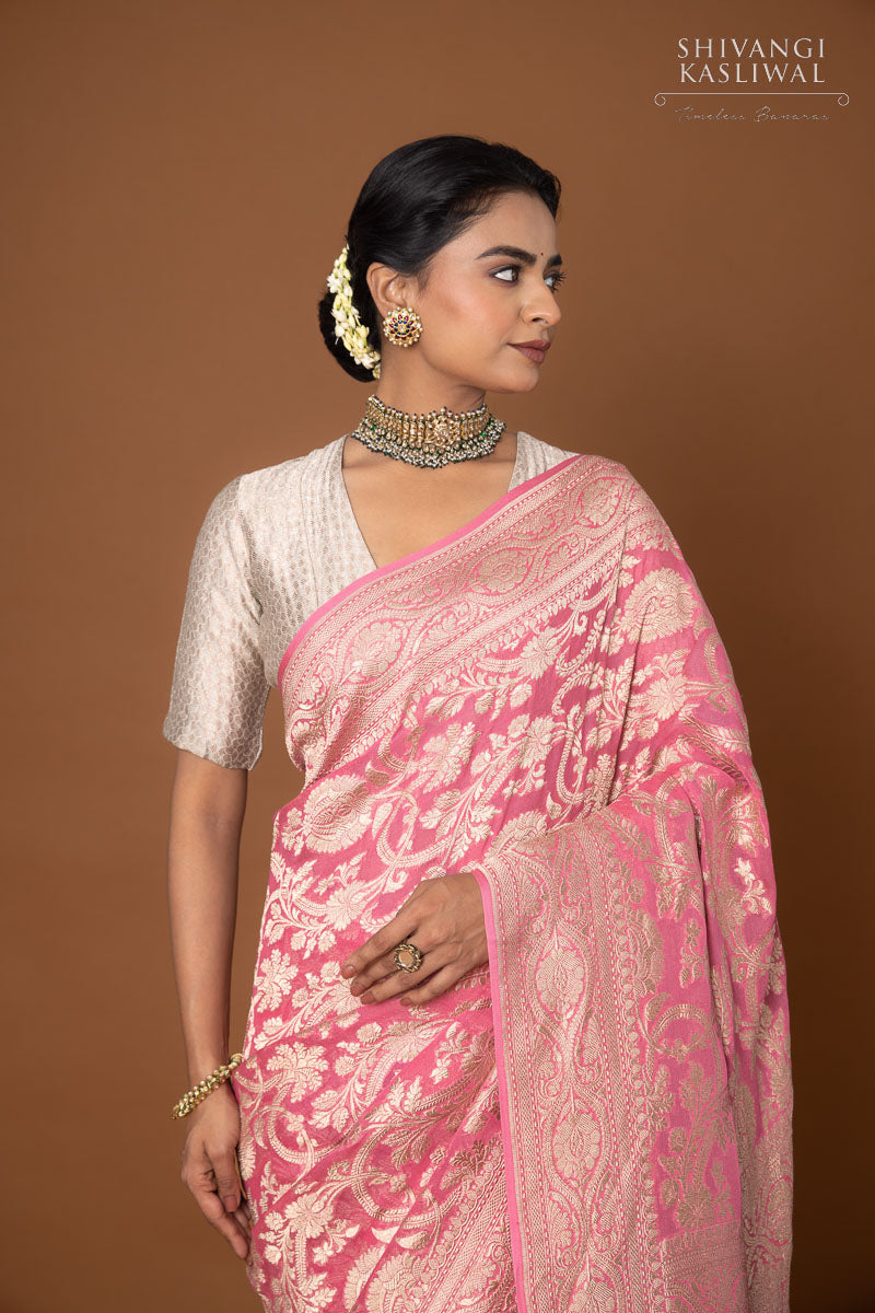 Pink Handwoven Banarasi Georgette Saree