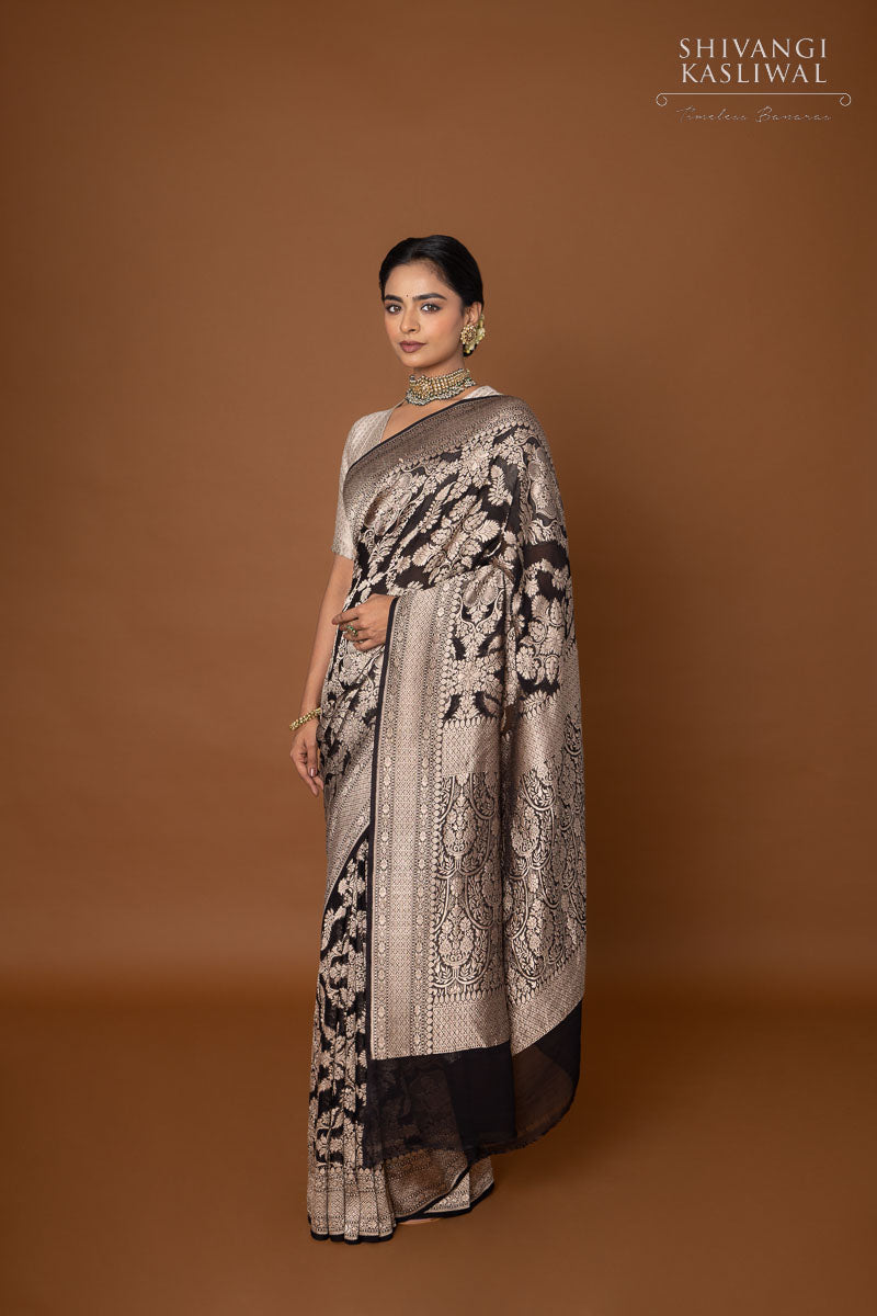 Black Handwoven Banarasi Georgette Saree