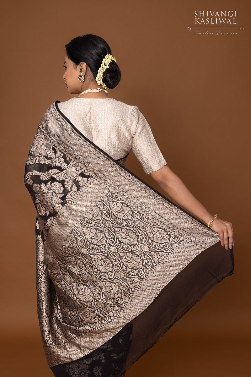 Black Handwoven Banarasi Georgette Saree