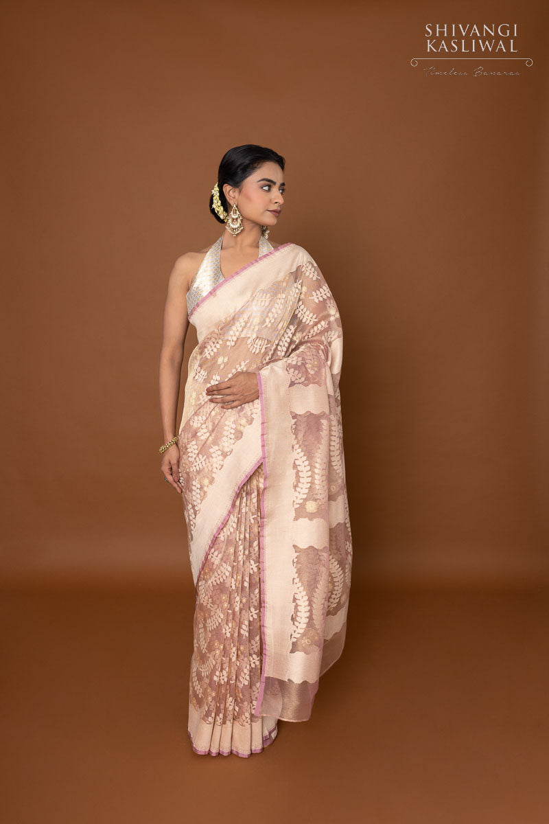 Baby Pink Handwoven Banarasi Net Tissue Silk Saree