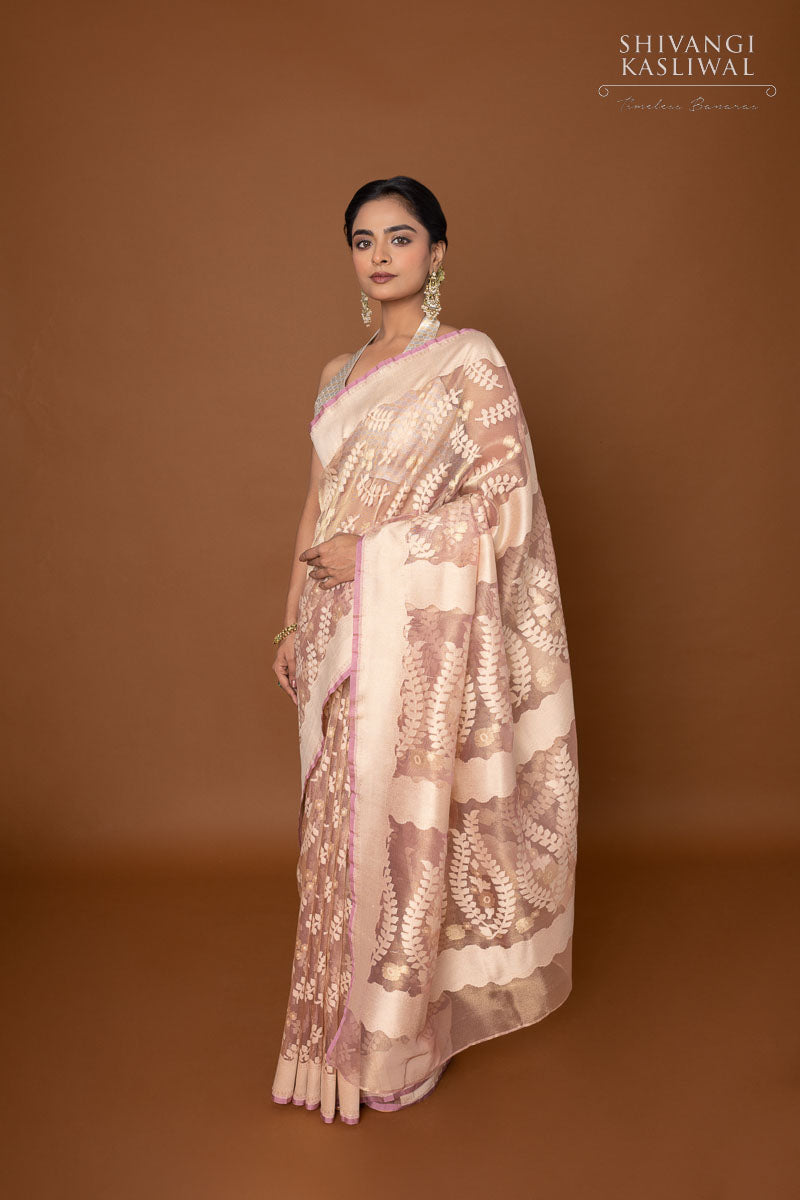 Baby Pink Handwoven Banarasi Net Tissue Silk Saree