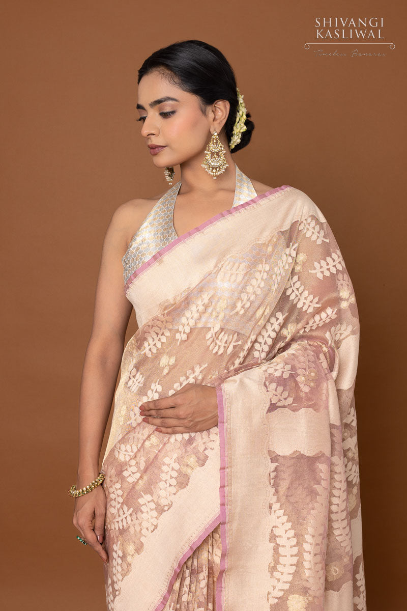 Baby Pink Handwoven Banarasi Net Tissue Silk Saree