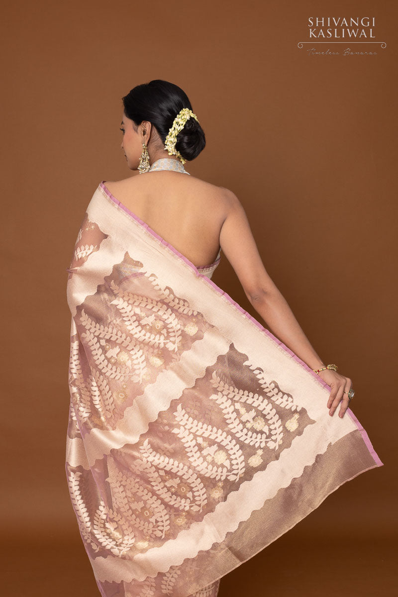 Baby Pink Handwoven Banarasi Net Tissue Silk Saree