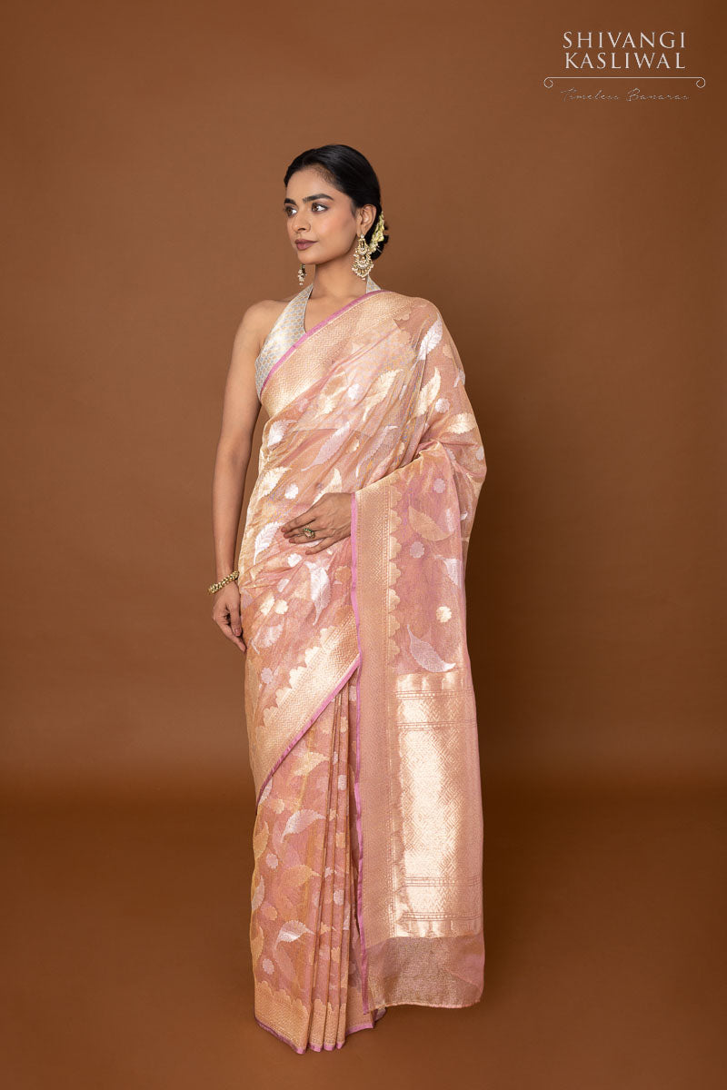 Baby Pink Handwoven Banarasi Net Tissue Silk Saree