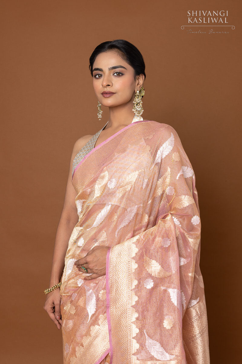 Baby Pink Handwoven Banarasi Net Tissue Silk Saree