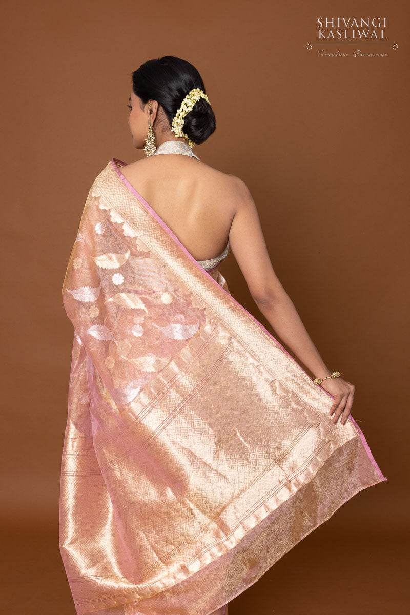 Baby Pink Handwoven Banarasi Net Tissue Silk Saree