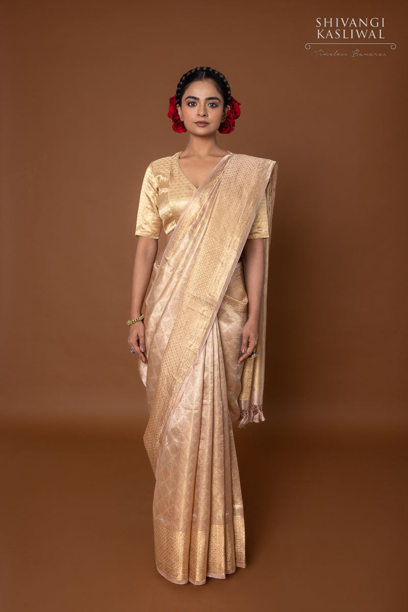 Beige Handwoven Banarasi Tissue Silk Saree