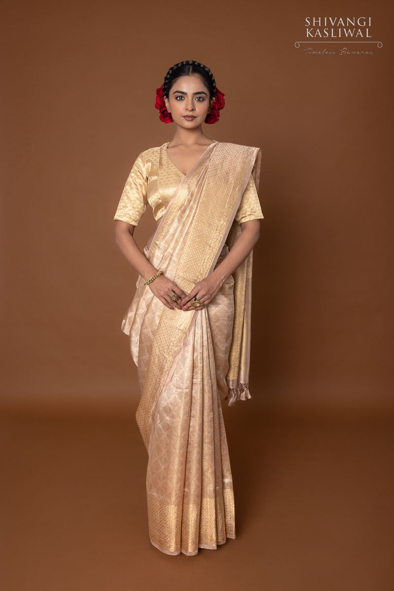 Beige Handwoven Banarasi Tissue Silk Saree