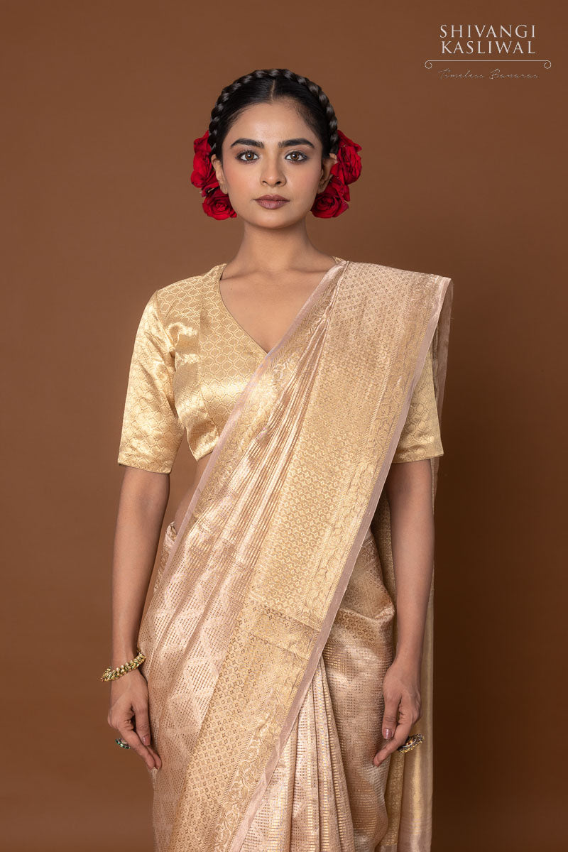 Beige Handwoven Banarasi Tissue Silk Saree