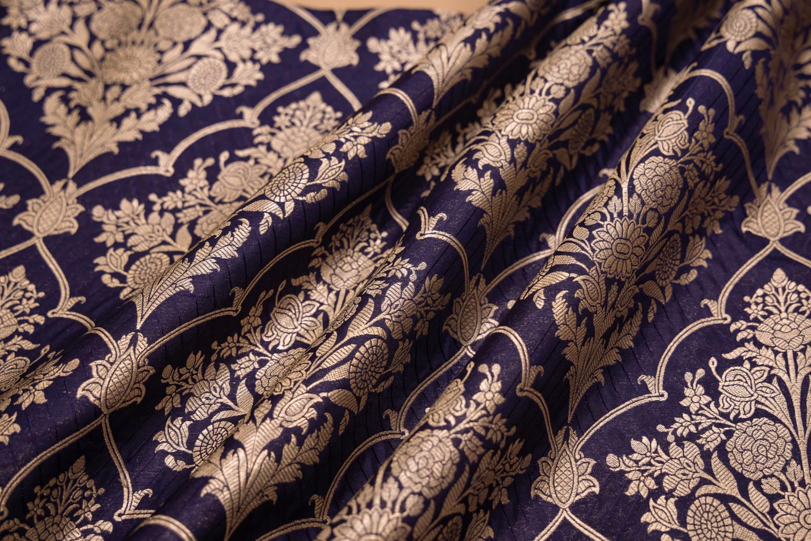 Navy Blue Handwoven Banarasi Silk Fabric