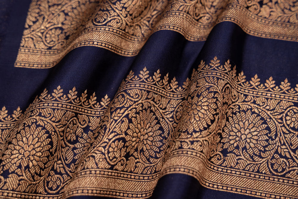 Navy Blue Handwoven Banarasi Silk Fabric