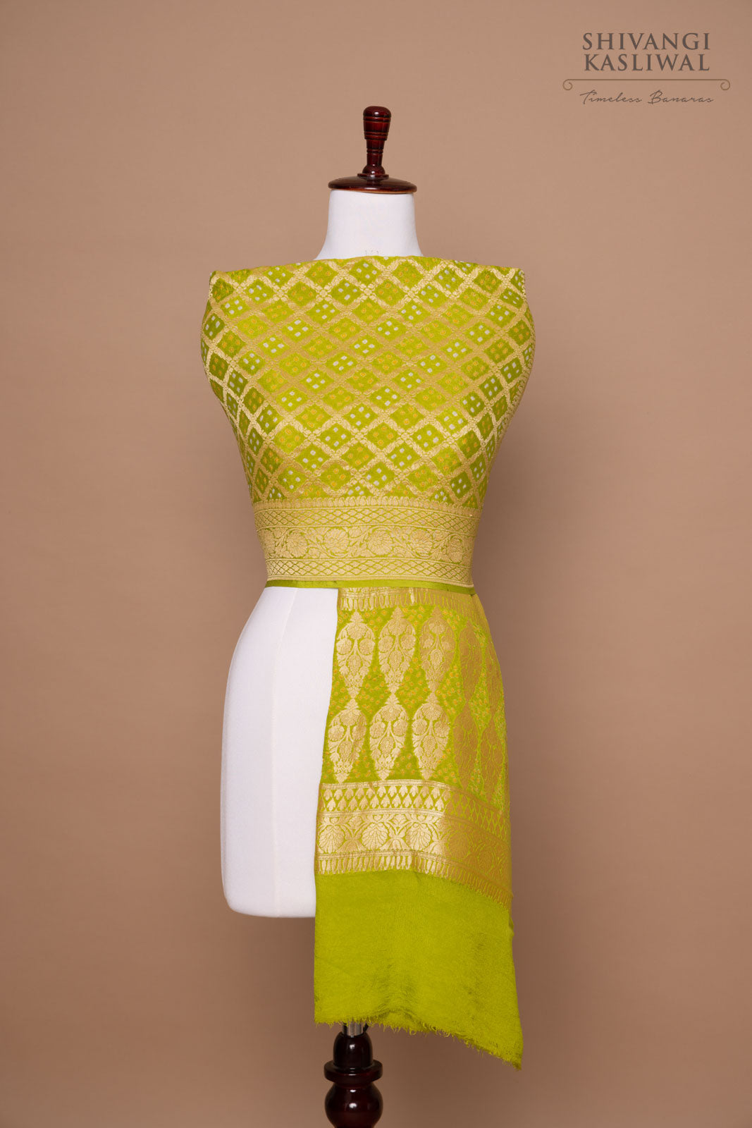 Lime Green Handwoven Banarasi Georgette Bandhani Dupatta