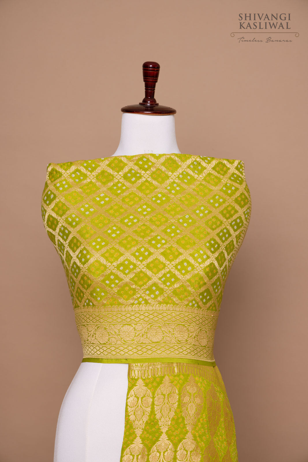 Lime Green Handwoven Banarasi Georgette Bandhani Dupatta