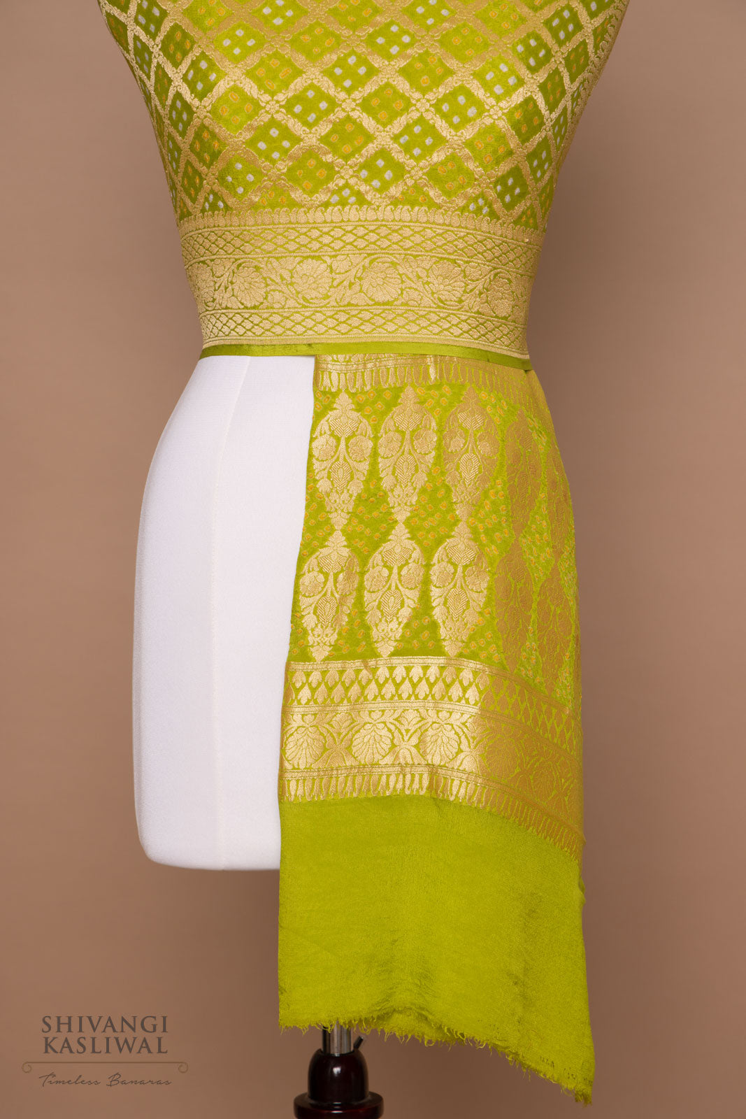 Lime Green Handwoven Banarasi Georgette Bandhani Dupatta