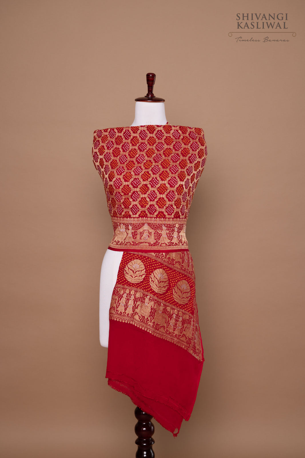 Red Handwoven Banarasi Georgette Bandhani Dupatta