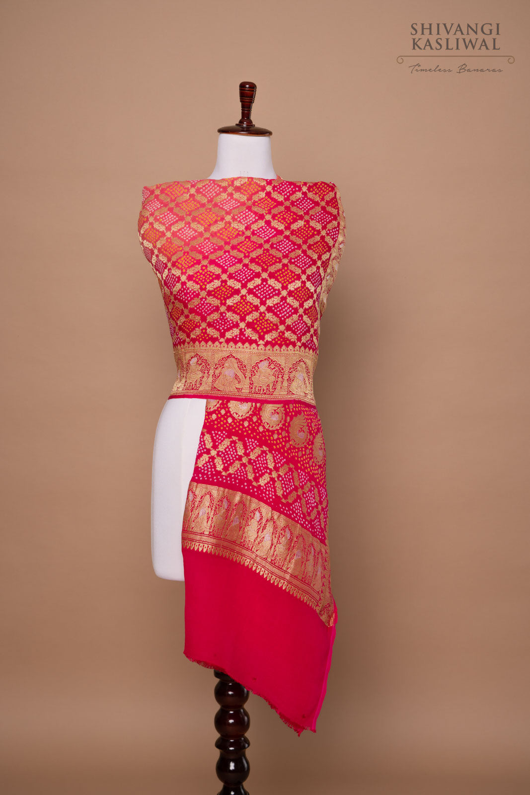 Pink Handwoven Banarasi Georgette Bandhani Dupatta