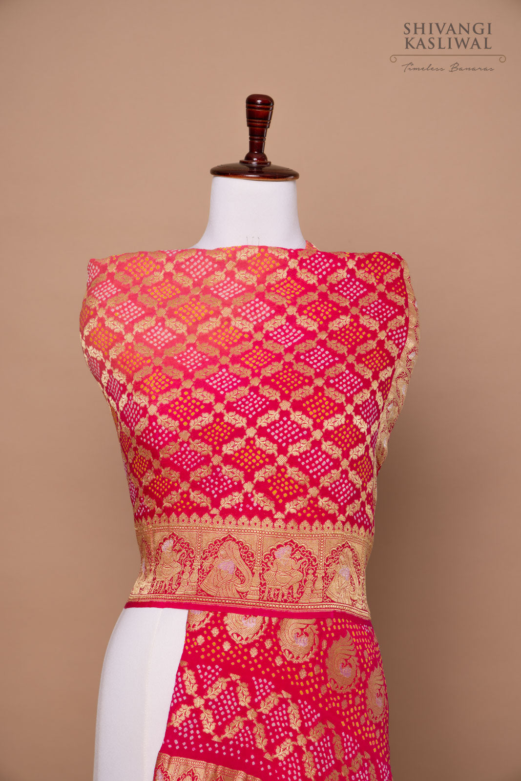 Pink Handwoven Banarasi Georgette Bandhani Dupatta