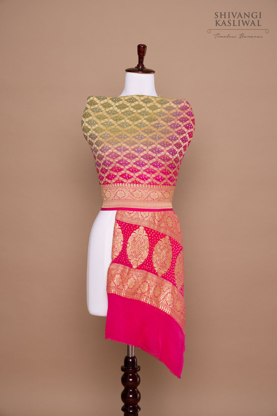 Shaded Pink Handwoven Banarasi Georgette Bandhani Dupatta
