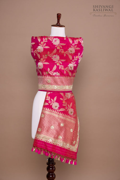 Pink Handwoven Banarasi Silk Dupatta with Hand Embroidery