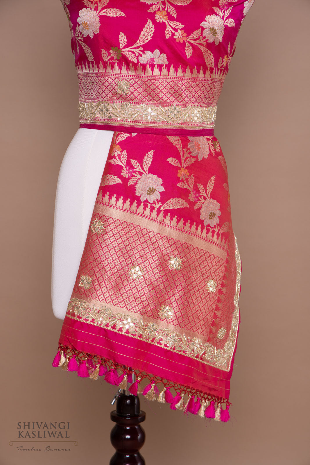 Pink Handwoven Banarasi Silk Dupatta with Hand Embroidery