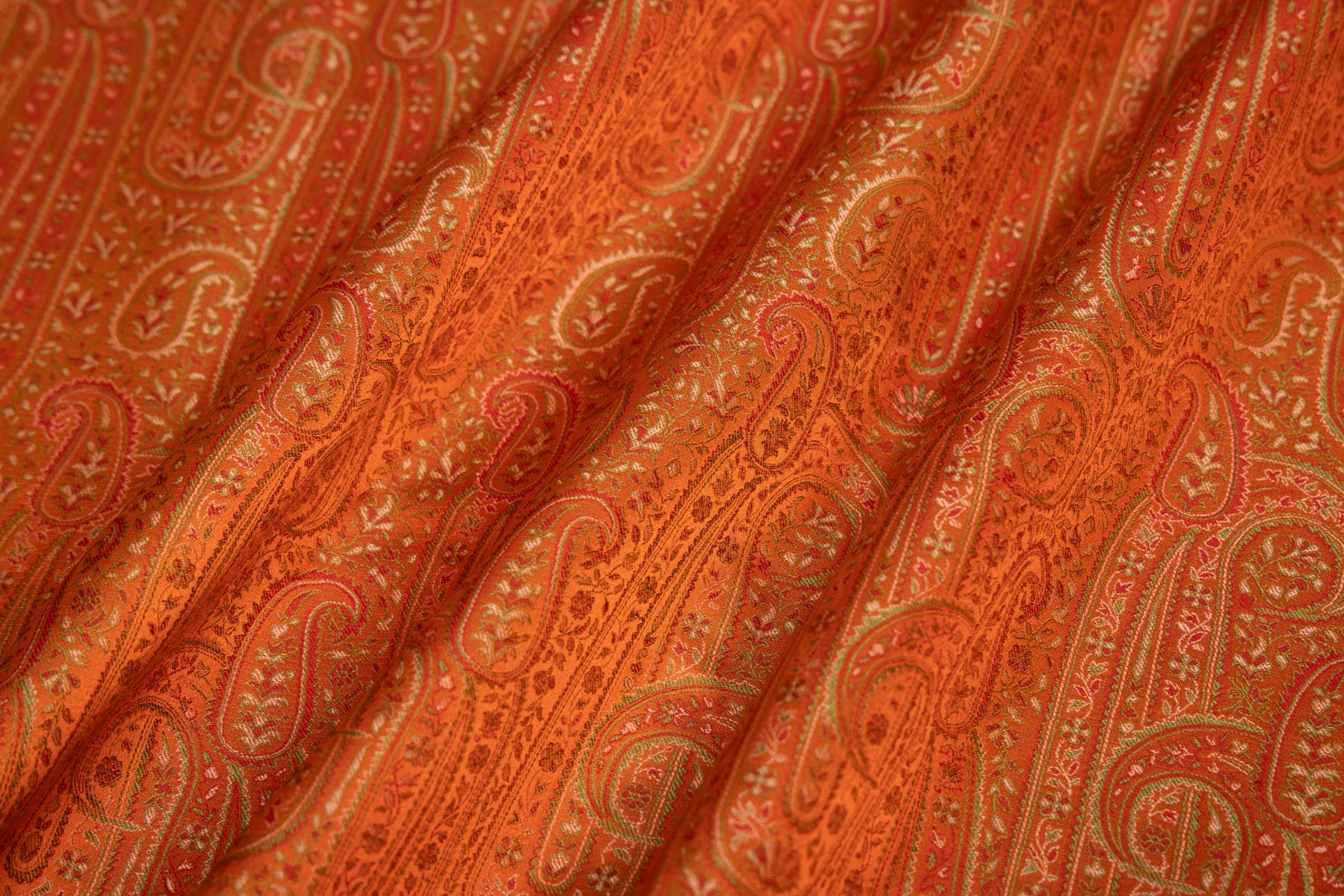 Orange Handwoven Banarasi Tanchoi Silk Fabric