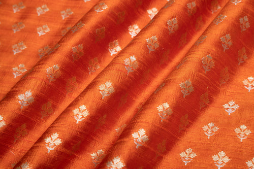 Orange Handwoven Banarasi Raw Silk Fabric