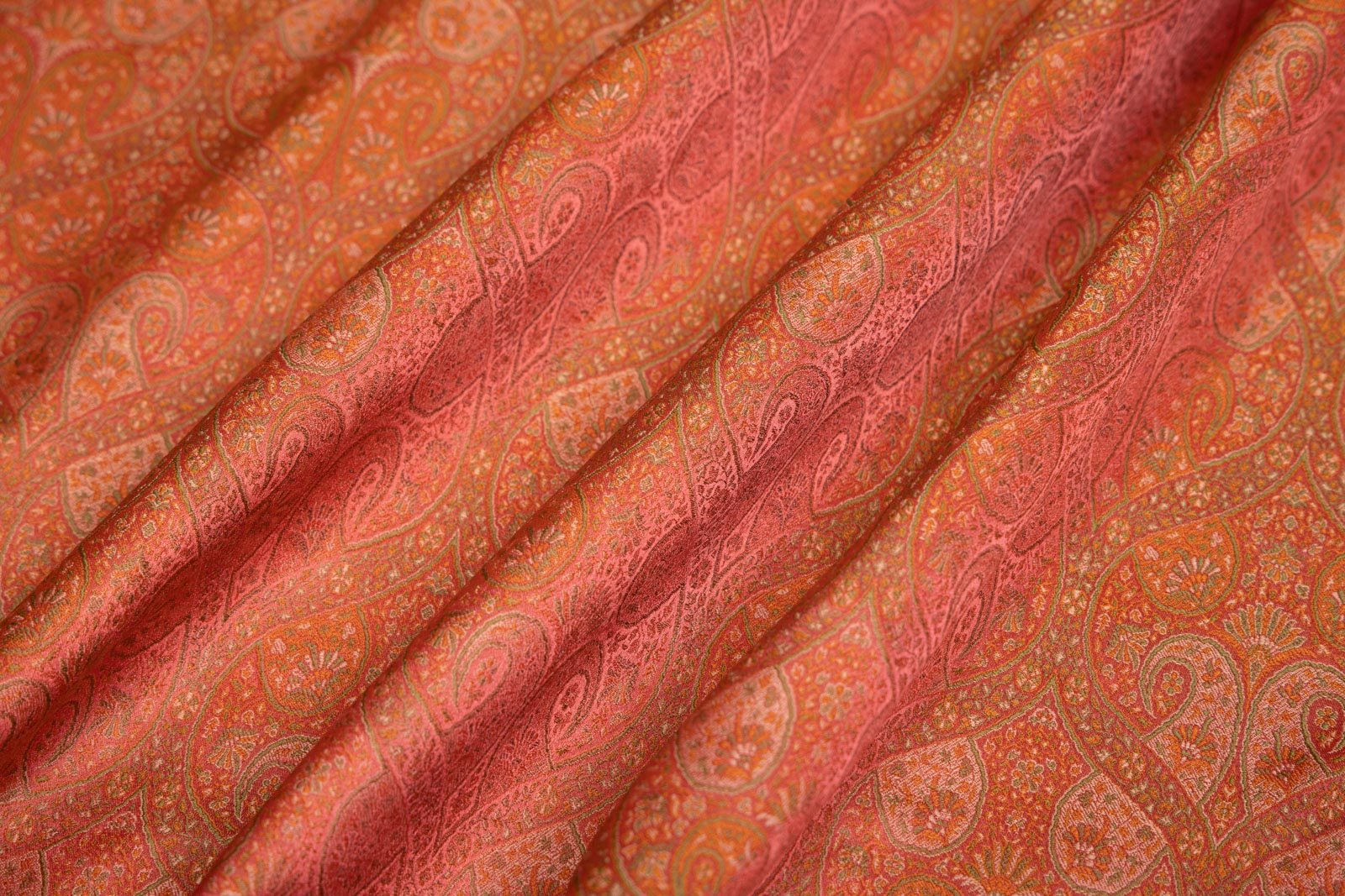 Orange Pink Handwoven Banarasi Tanchoi Silk Fabric