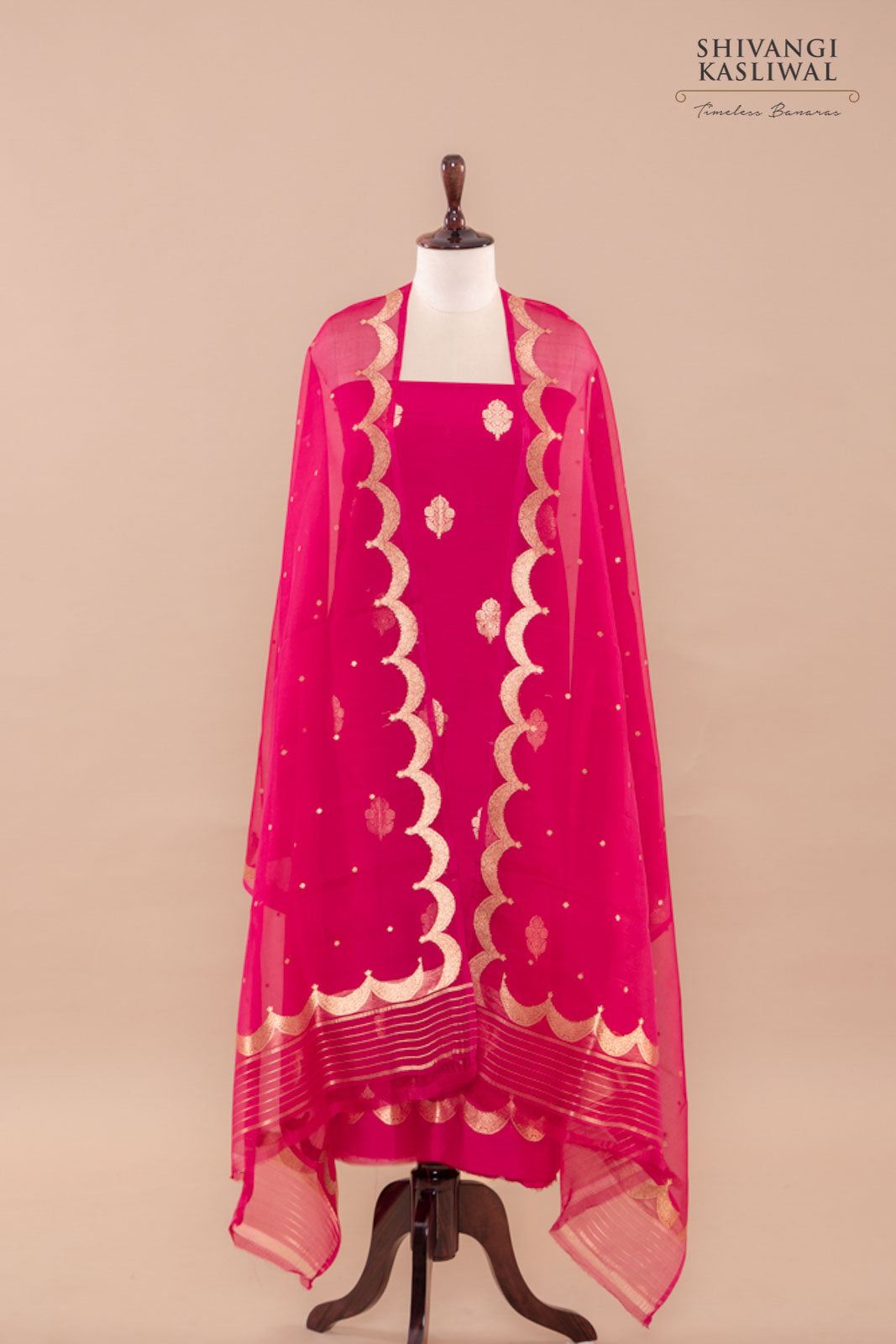 Fuchsia Pink Handwoven Banarasi Chiniya Silk Suit Piece