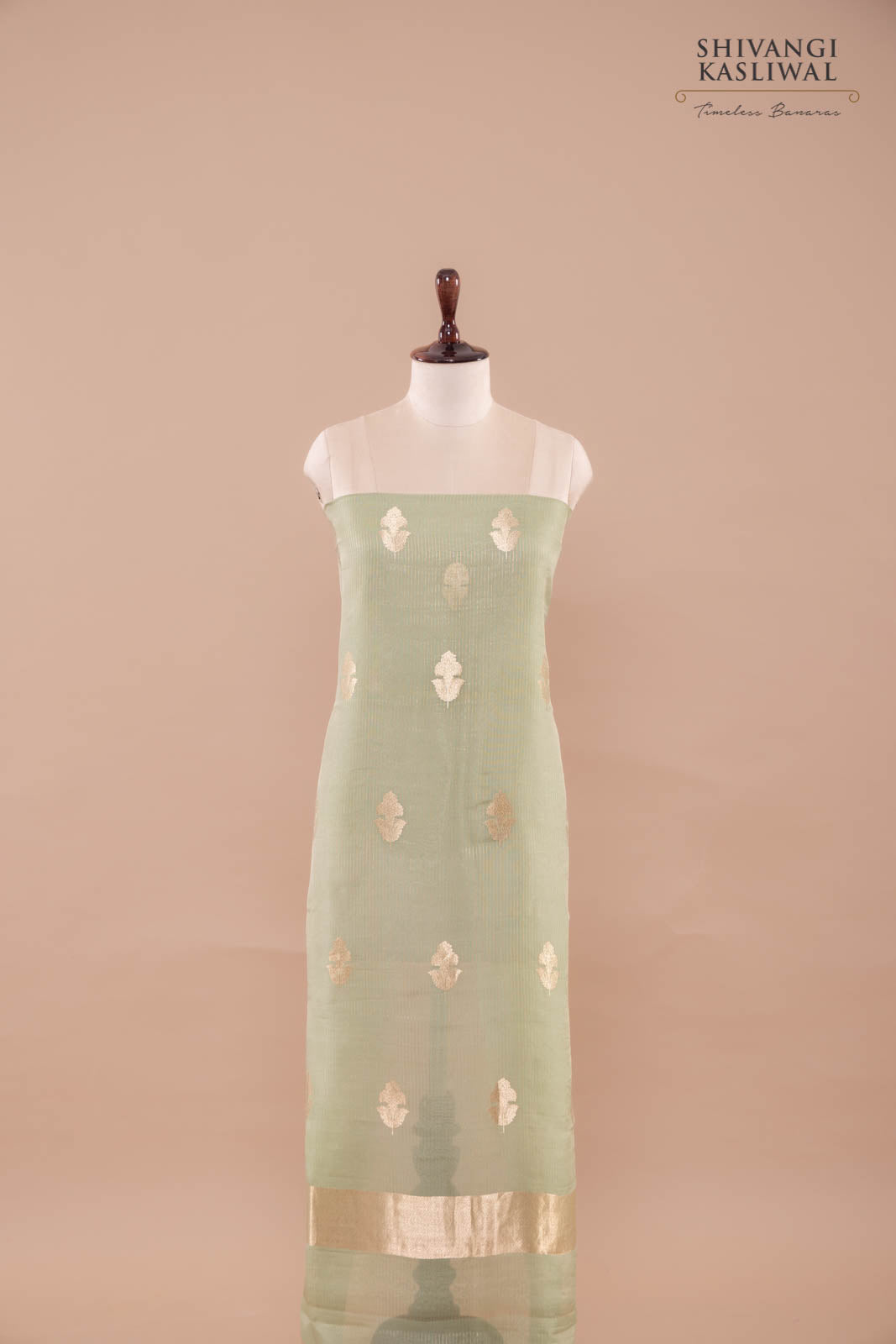 Pista Green Handwoven Banarasi Organza Suit Piece
