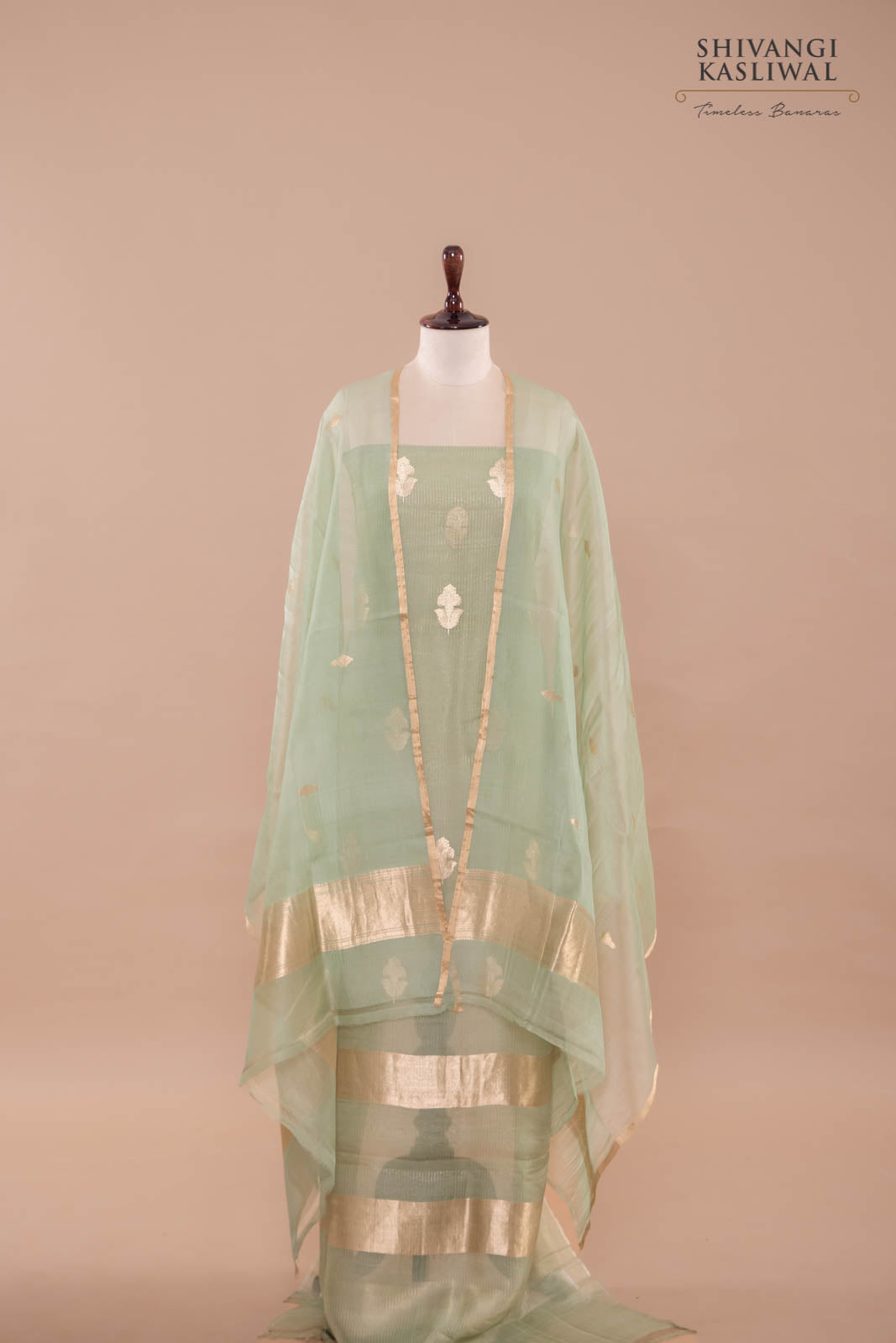 Pista Green Handwoven Banarasi Organza Suit Piece