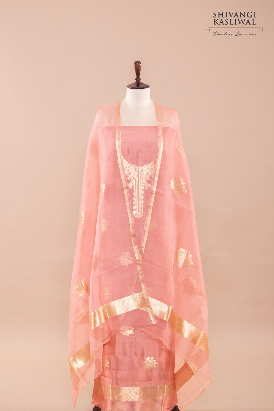 Peach Handwoven Banarasi Silk Suit Piece