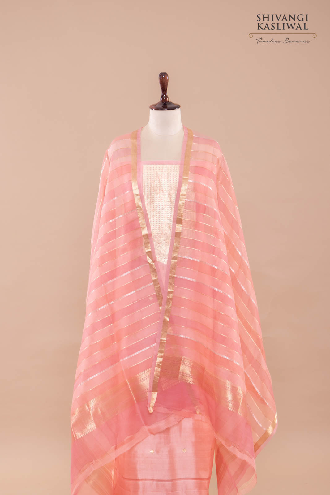 Peach Pink Handwoven Banarasi Silk Suit Piece