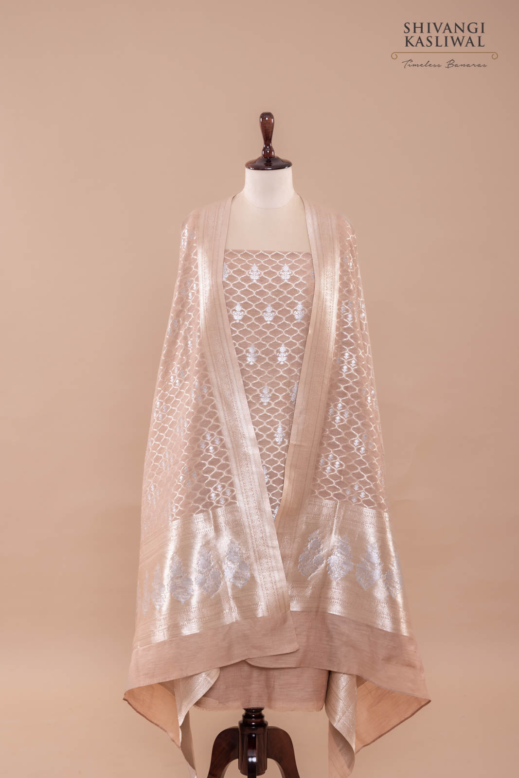 Beige Handwoven Banarasi Chanderi Suit Piece