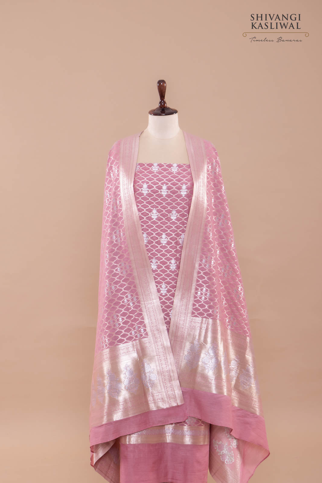 Pink Handwoven Banarasi Chanderi Suit Piece